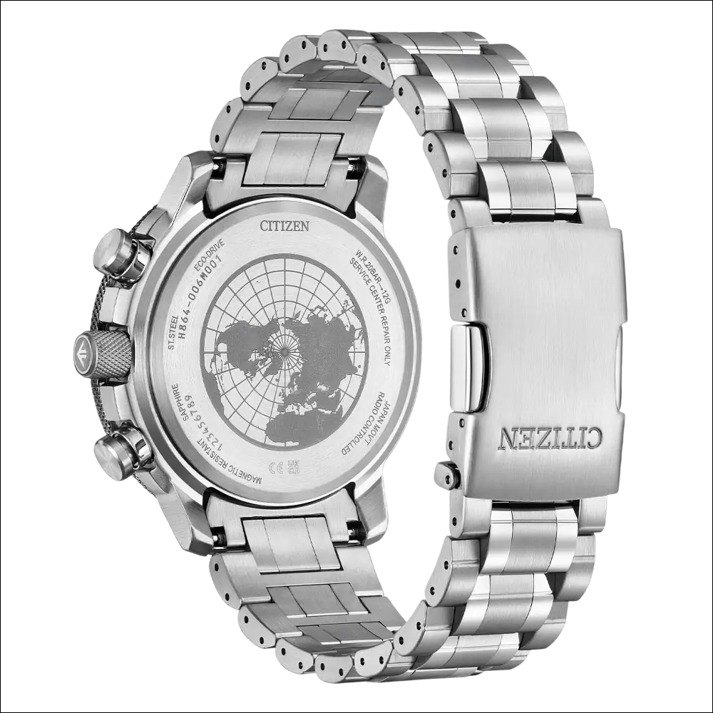 Retro di Citizen Radiocontrollato Geo Trekker BY3006-53H in acciaio silver con mappa mondiale
