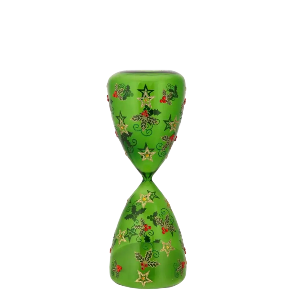 Clessidra Natalizia Verde in Vetro con stelle dorate, agrifoglio e bacche rosse