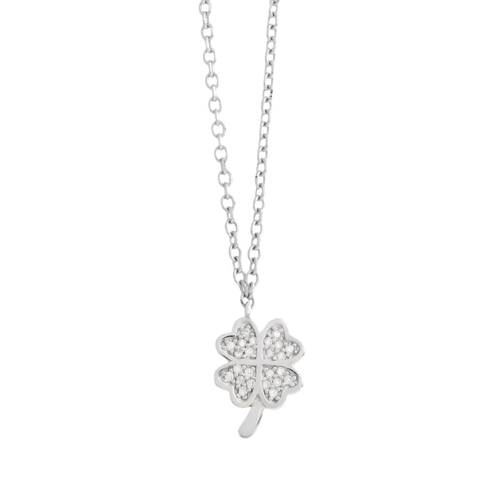 Collana AMBROSIA con ciondolo quadrifoglio in argento e zirconi pavé