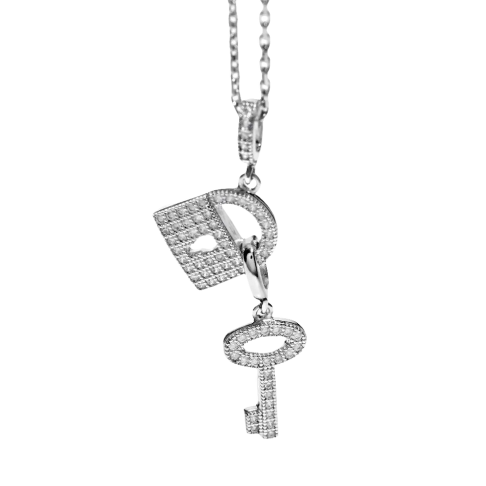 Collana Ambrosia Argento con chiave e lucchetto con pietre trasparenti