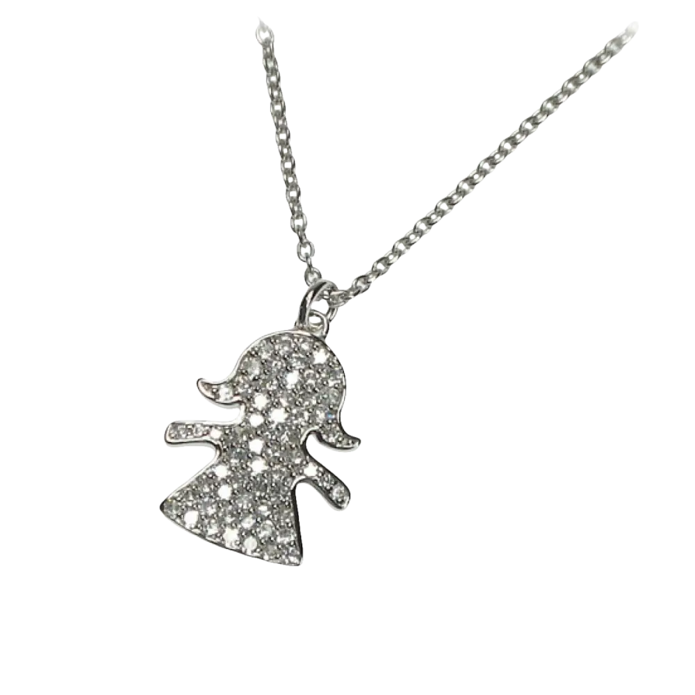 Collana in argento con ciondolo a forma di bambina con zirconi pave-set