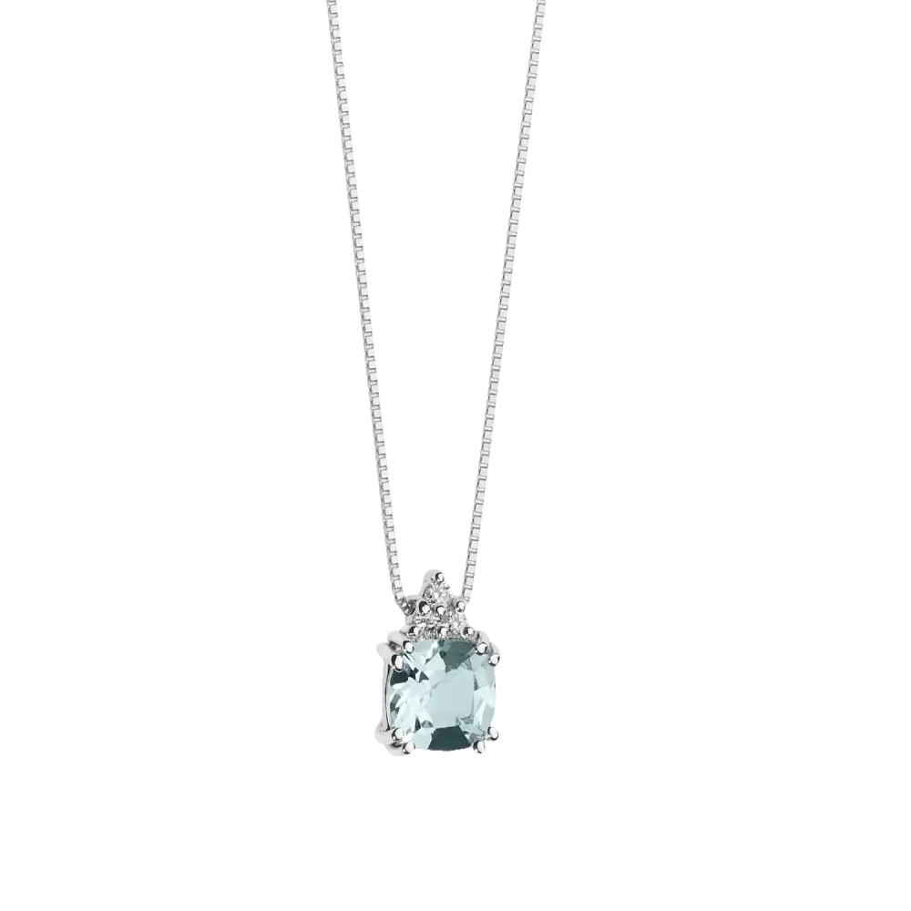 Collana Azzurra con acquamarina e diamanti, argento, pendente a cuscino azzurro chiaro
