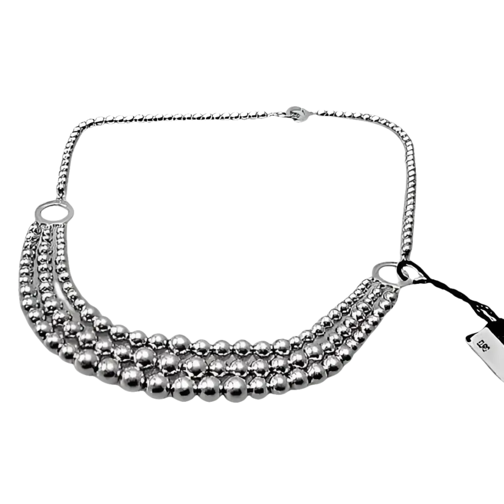 Collana Charleston Argento e Perle con tre fili di perle e tag in argento