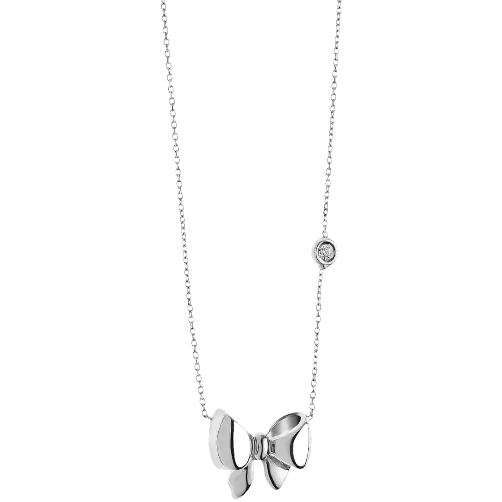 Collana Comete Fiocco Oro Bianco e Diamante con catenina argento e pendente fiocco con diamante