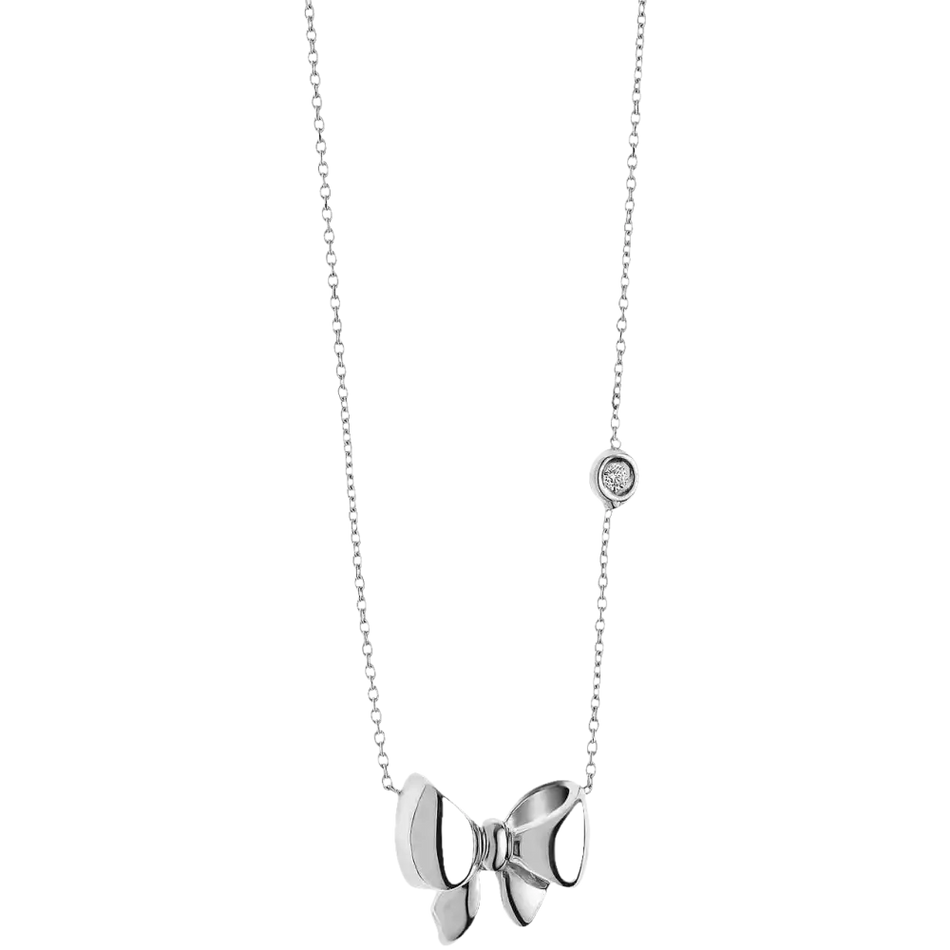 Collana Comete Fiocco Oro Bianco e Diamante con catenina argento e pendente fiocco con diamante