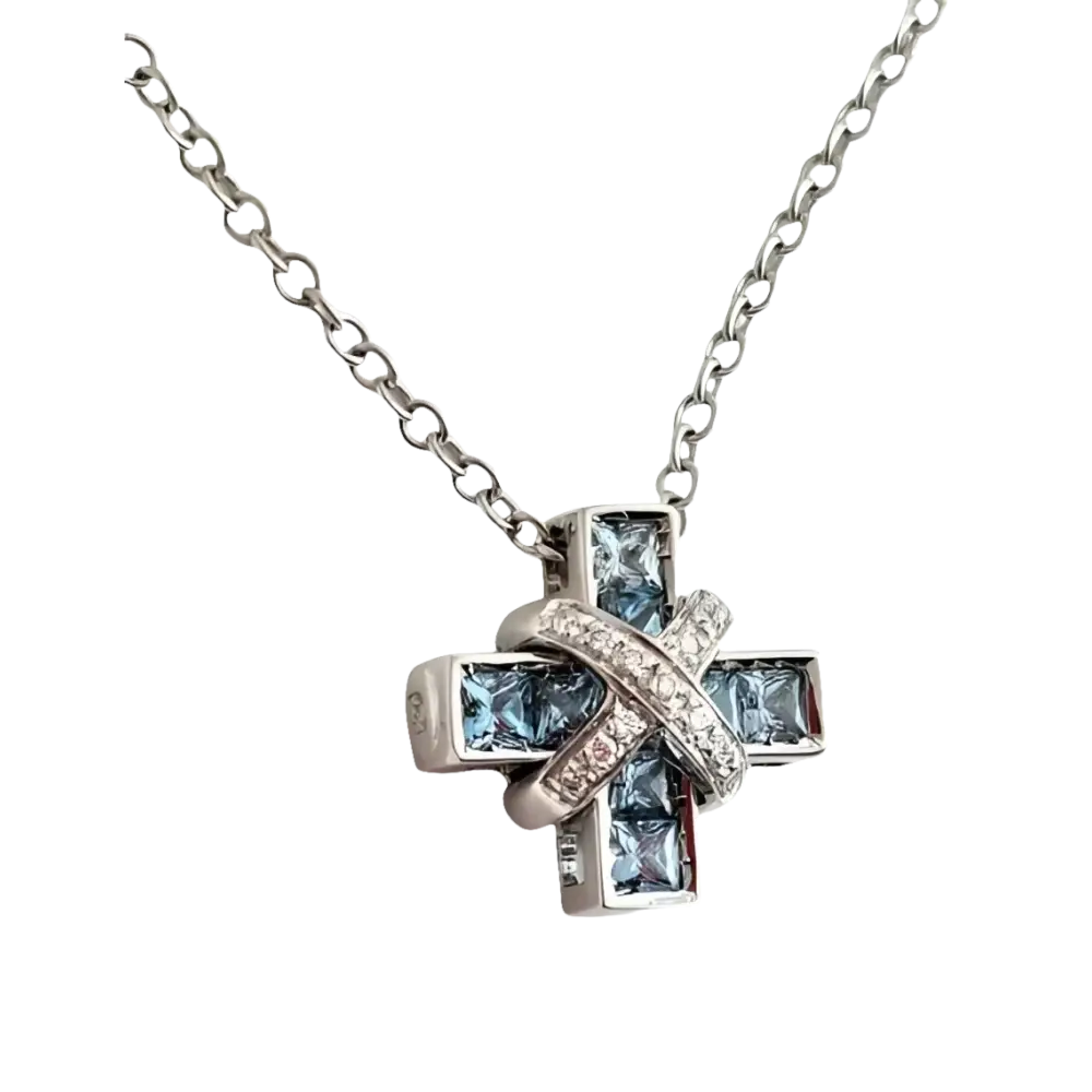 Collana con croce in argento, topazi blu e dettagli in diamante CENTOVENTUNO