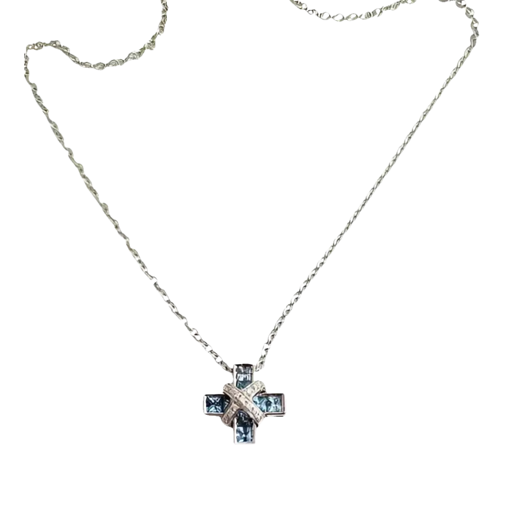 Collana con croce diamanti e topazi CENTOVENTUNO con pendente in argento e pietra blu
