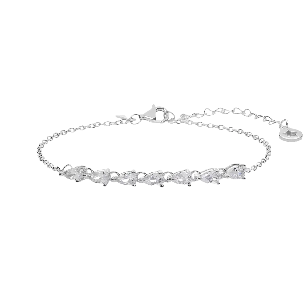 Bracciale a catena in argento con pietre chiare a forma di pera e charms a stella