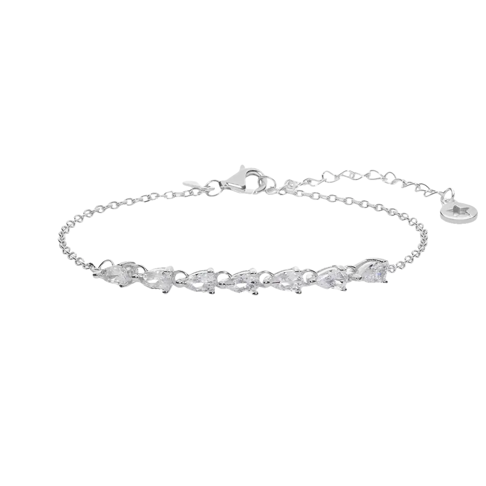 Bracciale a catena in argento con pietre chiare a forma di pera e charms a stella