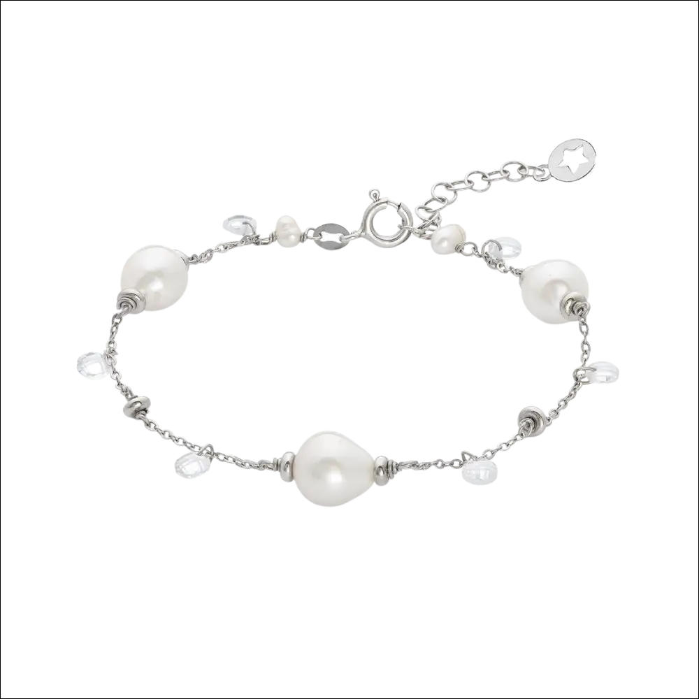 Collana lunga argento perle bianche irregolari e cristalli cromatica inverno