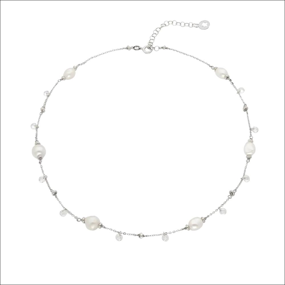 Collana lunga argento perle bianche irregolari e cristalli chiari Cromatica Inverno