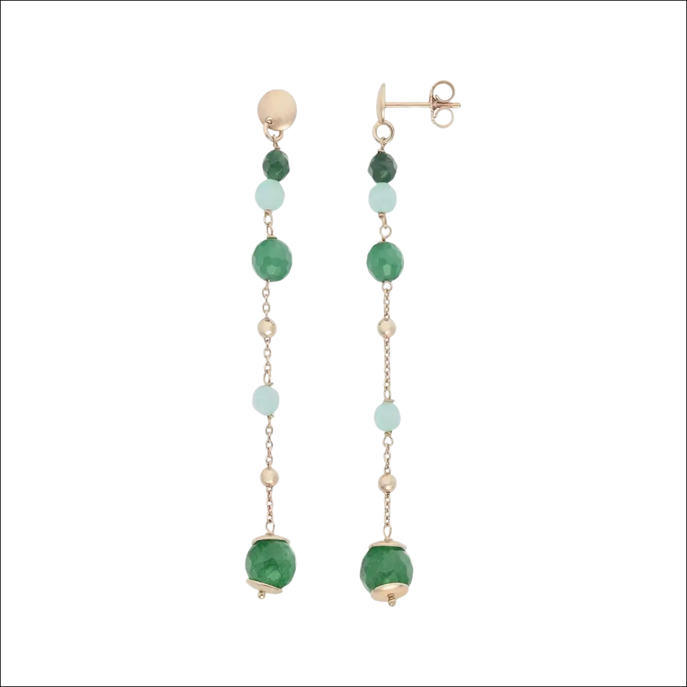Orecchini a goccia delicati con perle verde smeraldo, blu pallido, catene oro e sfere. Collana Comete rosé con agata e giada