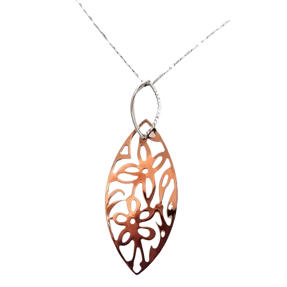 Collana Oro con Diamanti e Motivo Floreale GLB 513 con pendente fiorato in oro rosa e argento