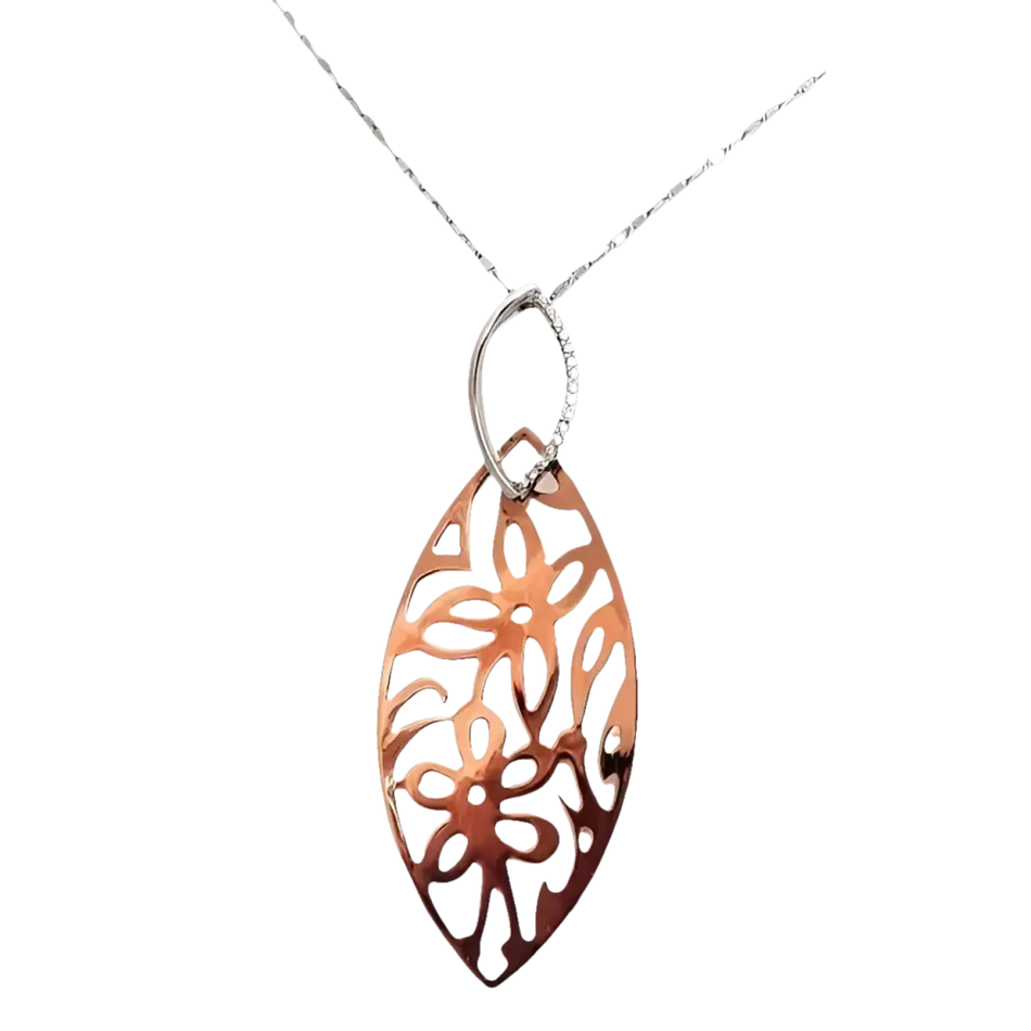 Collana Oro con Diamanti e Motivo Floreale GLB 513 con pendente fiorato in oro rosa e argento