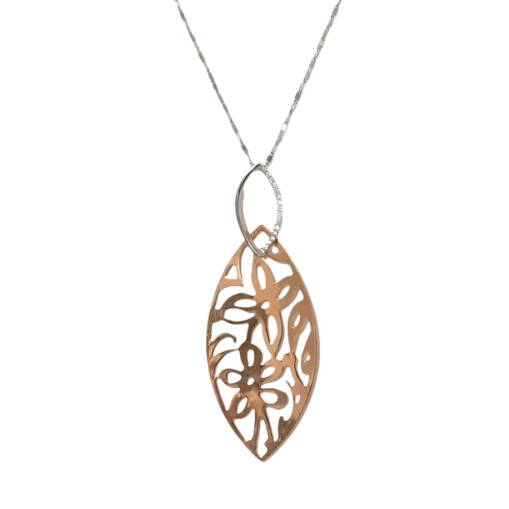Collana Oro con Diamanti e Motivo Floreale GLB 513 con catena argento e pendente oro rosa