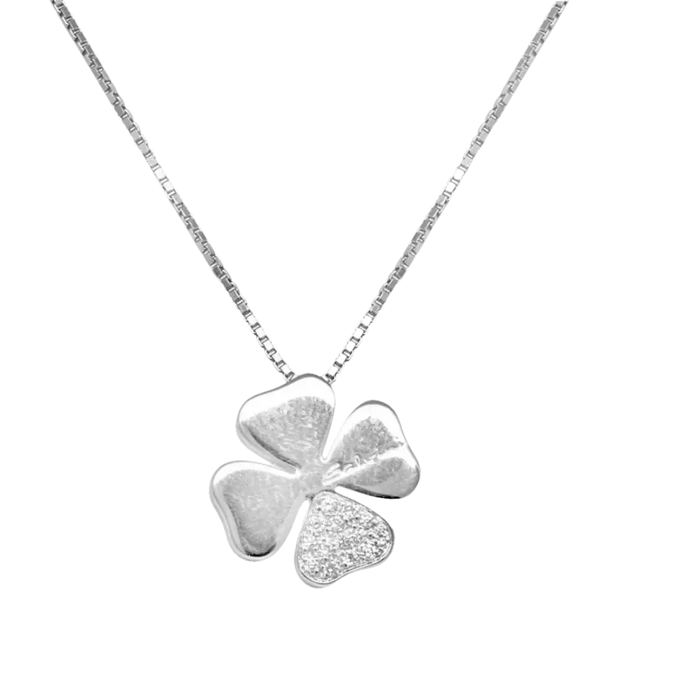 Collana Salvini Quadrifoglio Oro Bianco e Diamanti con ciondolo quadrifoglio in argento con foglia pavé