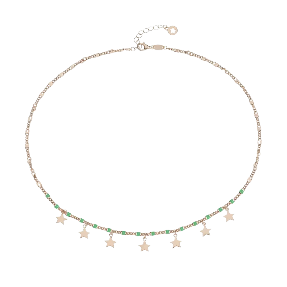 Collana Stella Argento dorato e smalto verde talismano con stelle pendenti