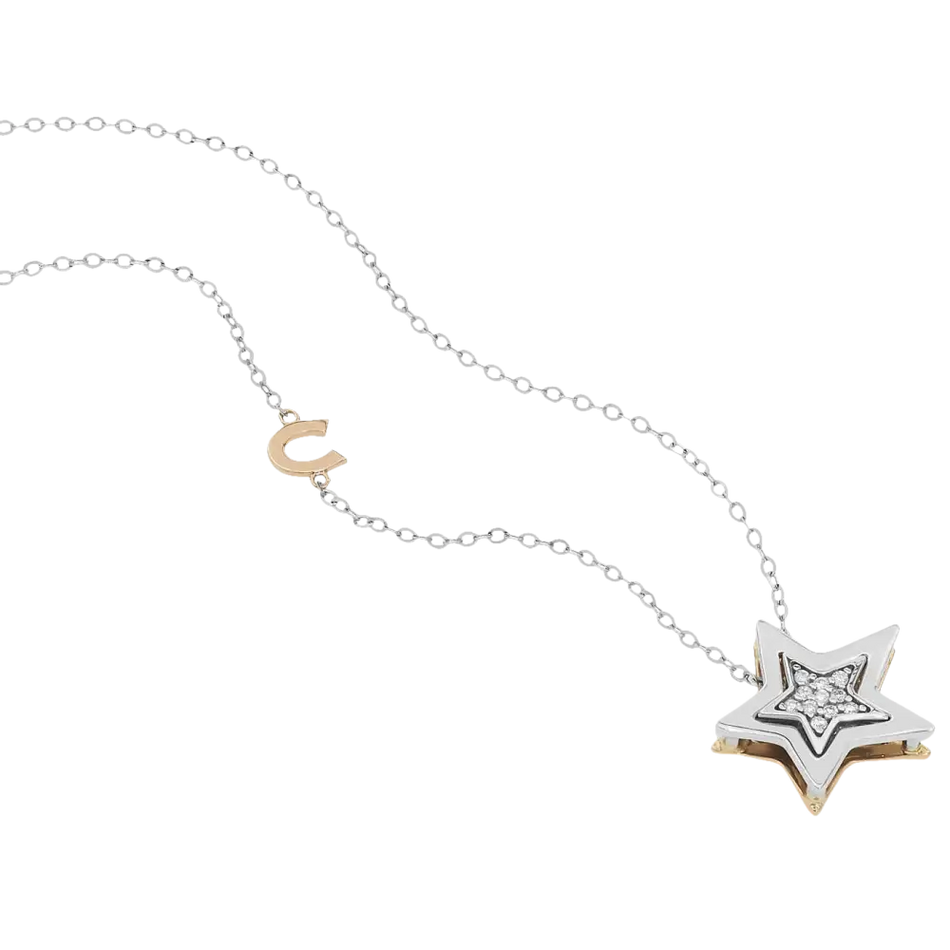 Collana Stella d’Oro Portafortuna con pendente a stella con diamanti e charm a C