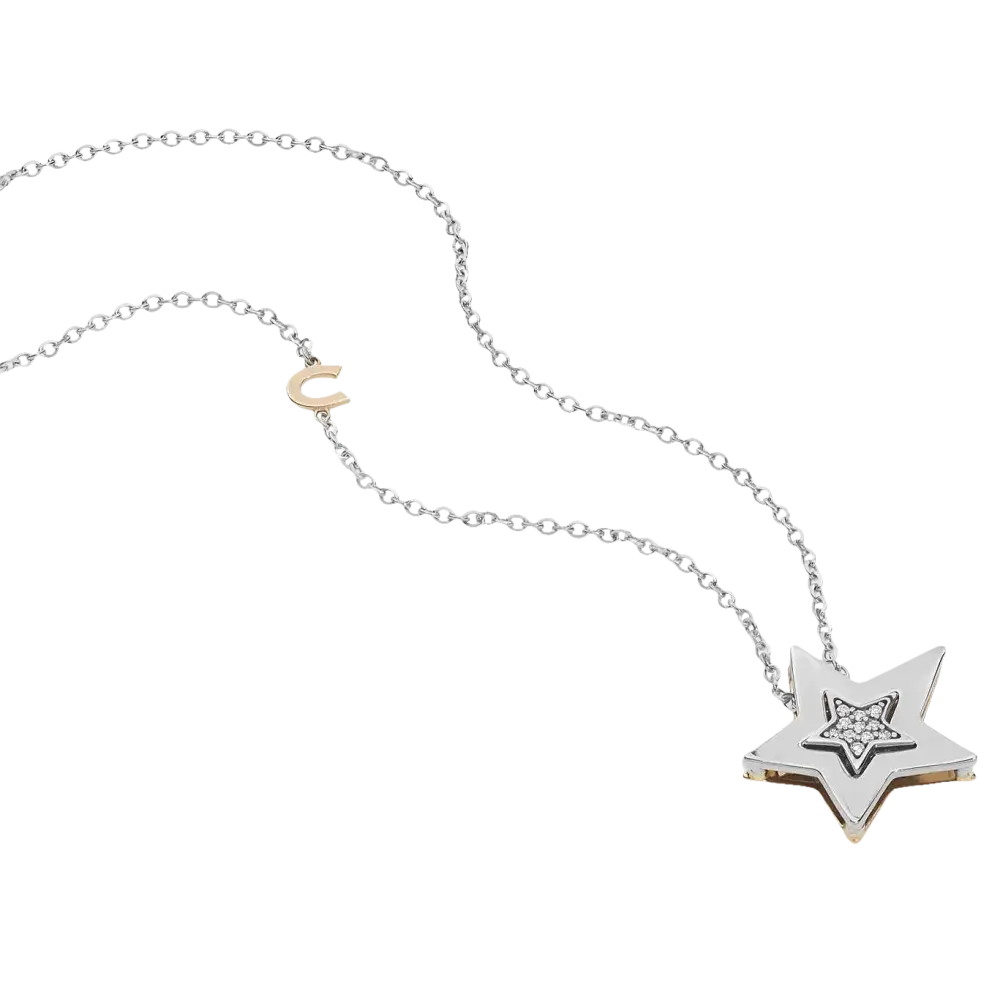 Collana Stella Oro Bianco e Diamanti con pendente a stella e charm C in oro