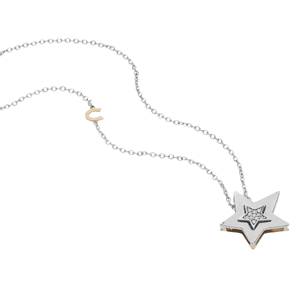 Collana Stella Oro Bianco e Diamanti con pendente a stella e charm C in oro