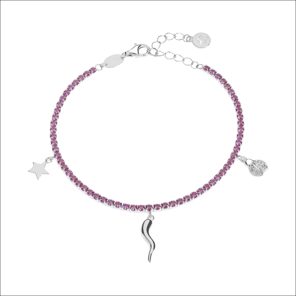 Collana tennis argento stella talismano con cristalli rosa e charms