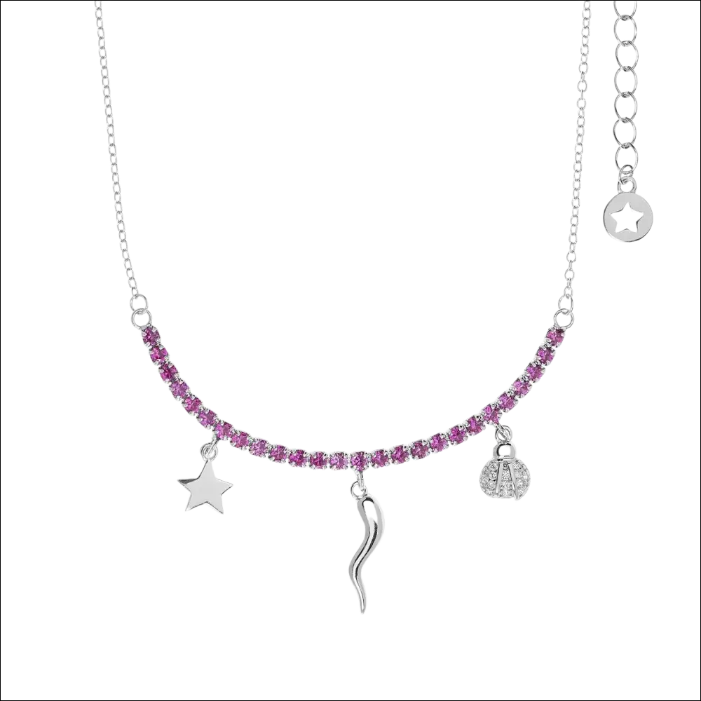 Collana tennis argento Stella Talismano con gemme rosa e ciondoli