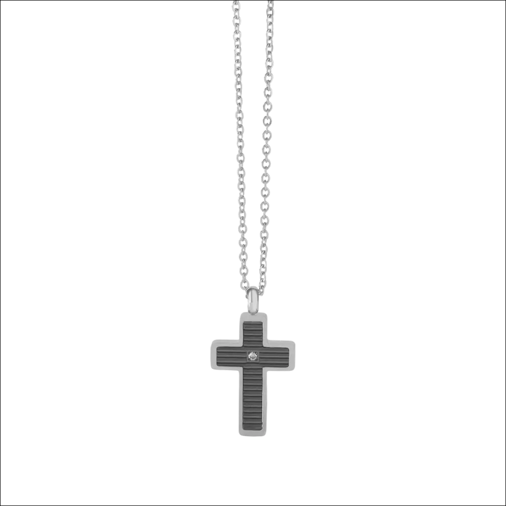 Collana uomo Comete acciaio croce texture con diamante centrale