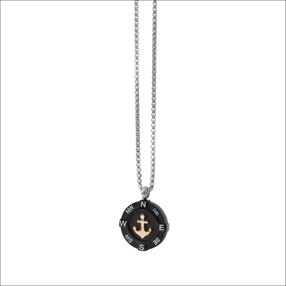 Collana uomo Comete Gioielli Waves Acciaio: bussola nera con ancora oro su catena argento