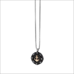 Collana uomo Comete Gioielli Waves Acciaio: bussola nera con ancora oro su catena argento