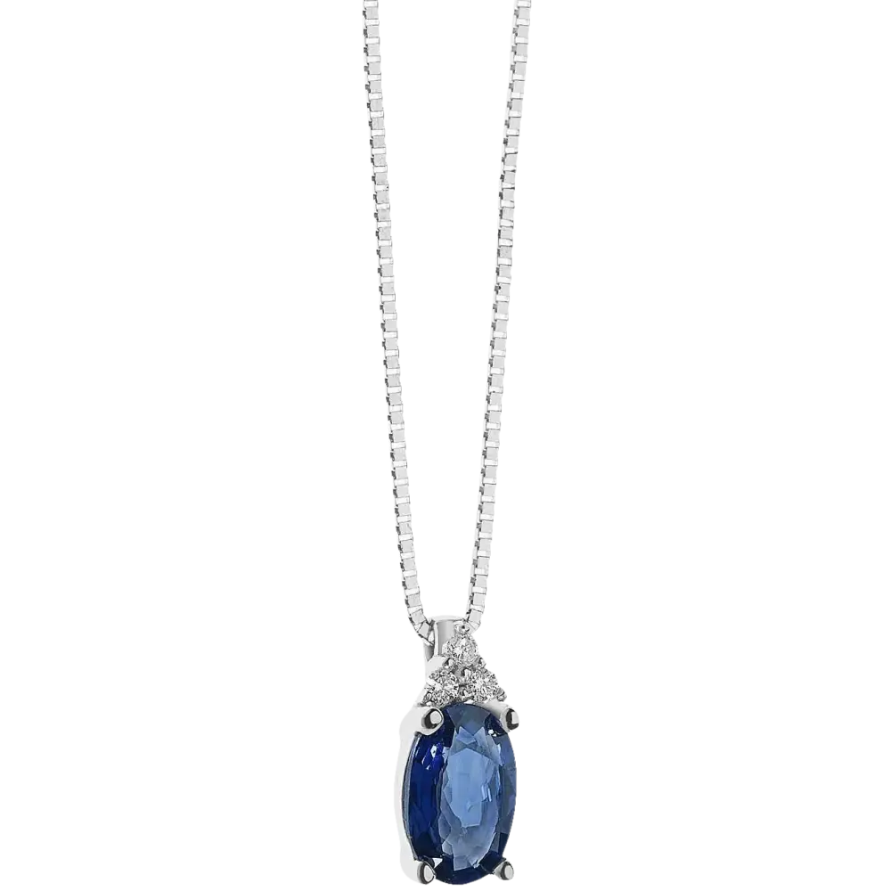 Collana Zaffiro Blu e Diamanti COMETE GIOIELLI con catenina in argento e pendente oval blue sapphire circondato da piccoli diamanti
