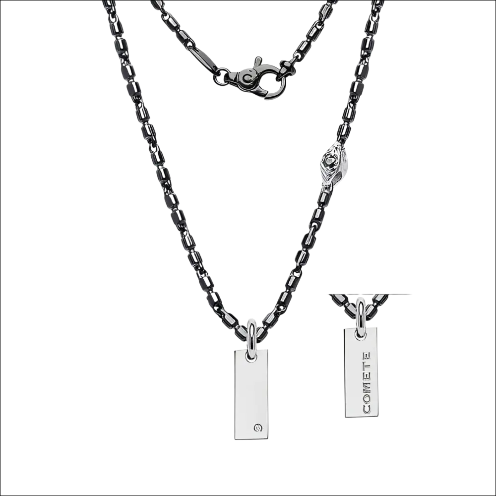 Girocollo Comete uomo argento con diamante, spinelli neri e pendente inciso
