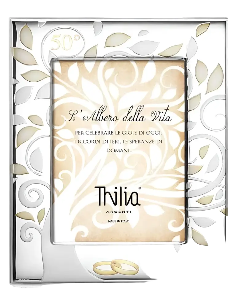 Cornice Albero della Vita con fedi 50° silver con motivi foglia e testo italiano
