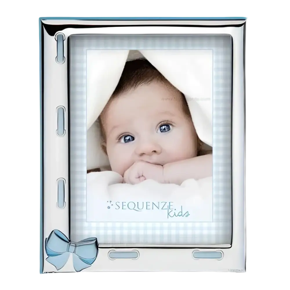 Cornice argento SEQUENZE fiocchetto celeste baby foto con fiocco blu