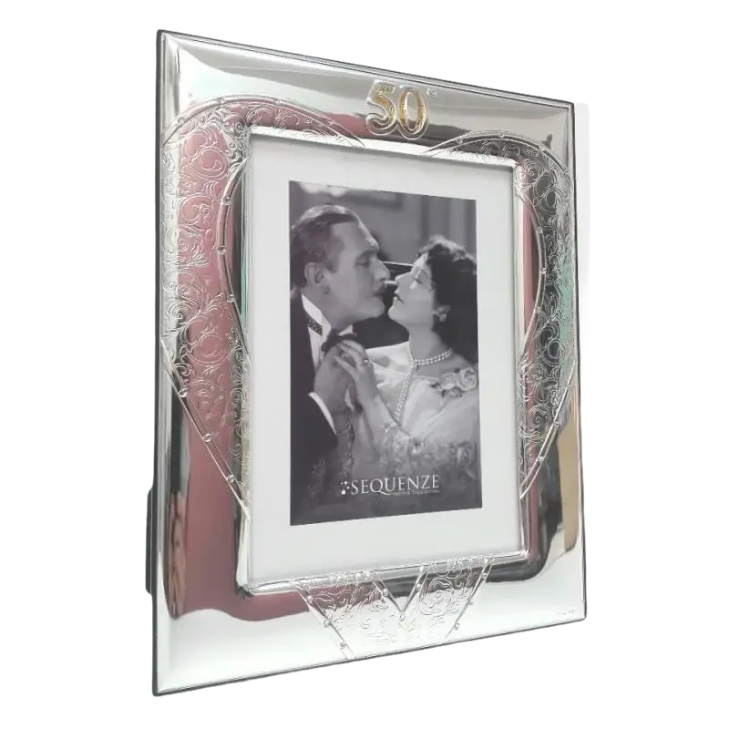 Cornice Sequenze Amour con Cristalli e Cuore Floreale, cornice in argento con ritratto in bianco e nero