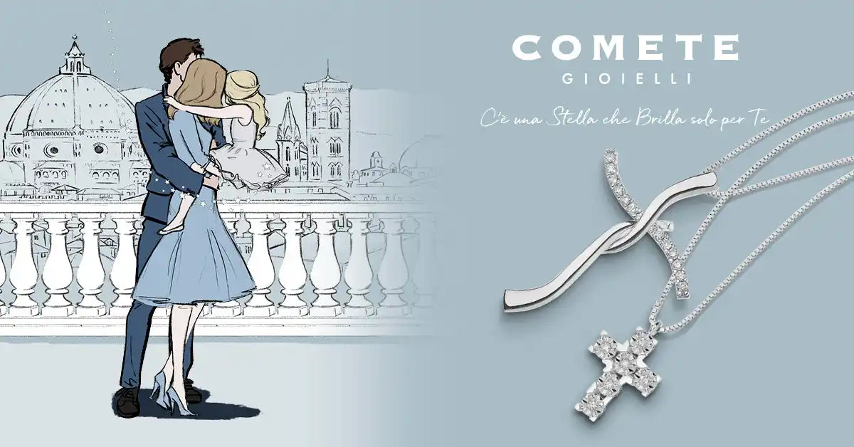 Due collane d'argento, una con un pendente curvo e intrecciato con piccoli gioielli, e l'altra con un pendente a forma di croce adornato con più grandi e rettangolari gemme intagliate.