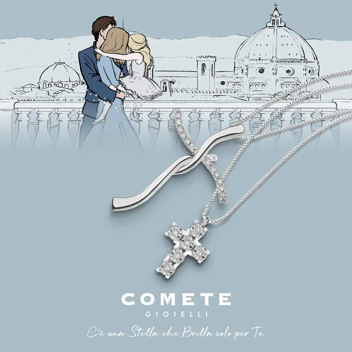 Due collane d'argento, una con un ciondolo a forma di croce ondulata e l'altra con un ciondolo a forma di croce tradizionale, entrambi adornati con pietre preziose brillanti.