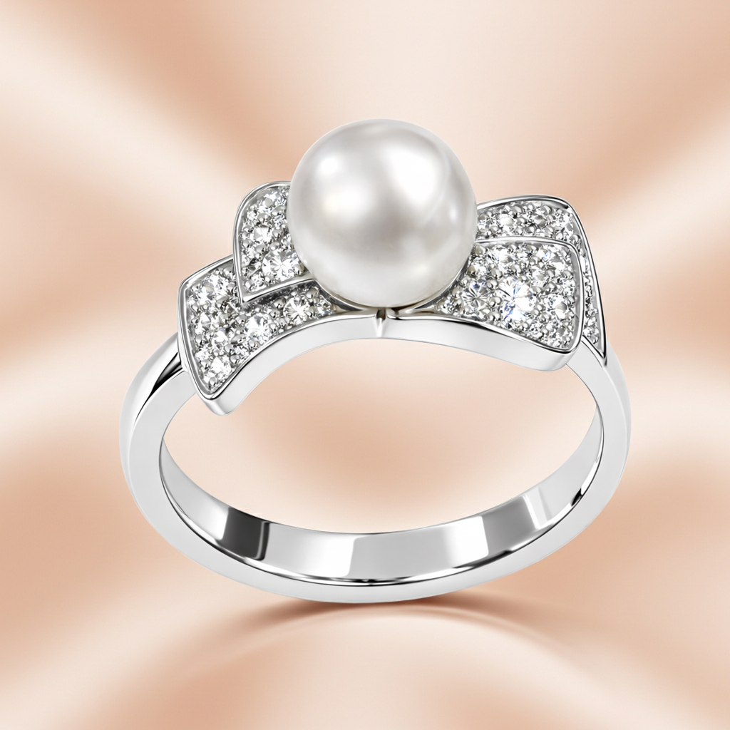 Anello Oro Bianco, Perla e fiocchetto di diamanti Salvini|bonini-gioielli