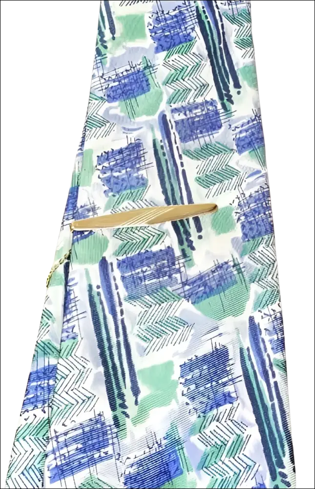 Fermacravatta oro giallo zigrinato con cravatta elegante a motivi geometrici blu verdi