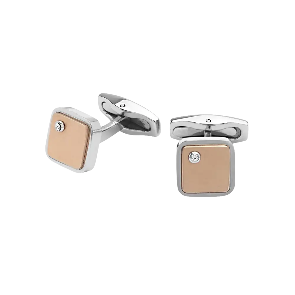 Coppia di gemelli in acciaio PVD rosa con facce quadrate e zirconi chiari