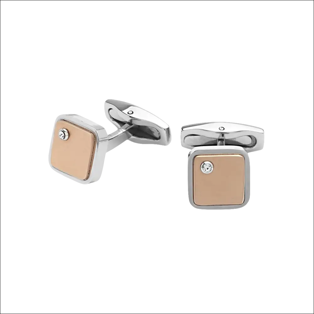 Coppia di gemelli in acciaio PVD rosa con facce quadrate e zirconi chiari