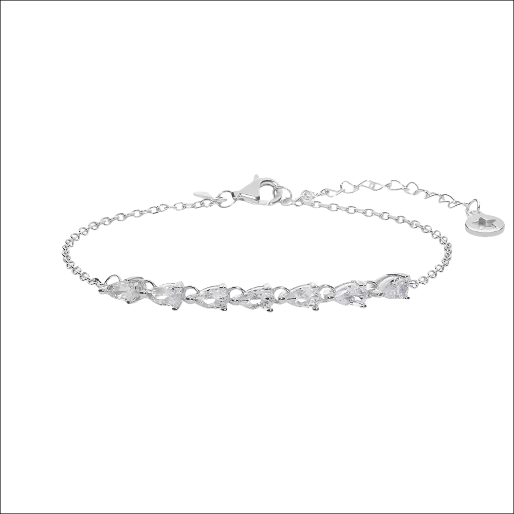 Bracciale a catena in argento con pietre chiare a forma di pera e charms a stella