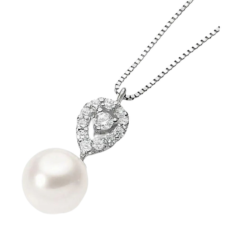 Collana Girocollo Oro Bianco con perla bianca e zirconia a goccia con catenina in argento