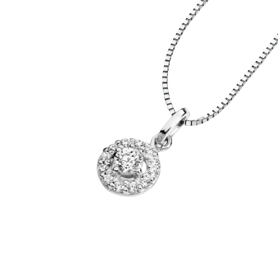 Collana girocollo in oro bianco con pendente circolare con zirconi e diamanti AMBROSIA