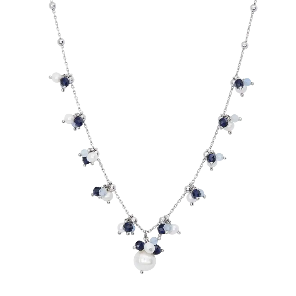 Orecchini argento con perle e acquamarina cromatica inverno, zaffiri blu e catenina fine