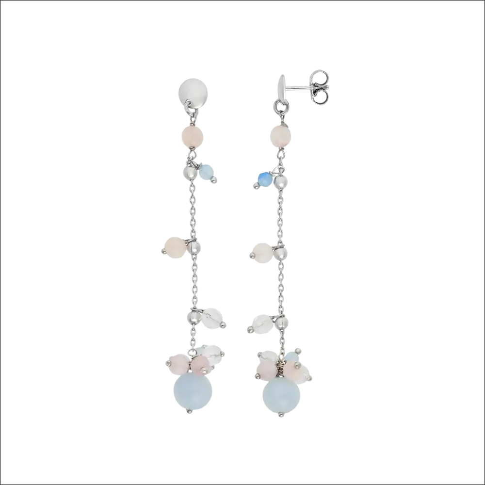 Orecchini pendenti argento acquamarina giada cromatica estate con perle rosa blu trasparenti