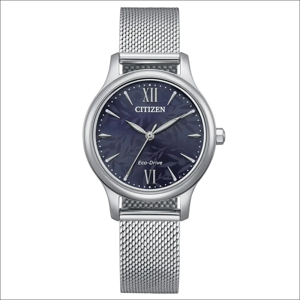 Orologio Citizen Eco-Drive Donna L: bracciale mesh argento, quadrante blu con numeri romani e foglie