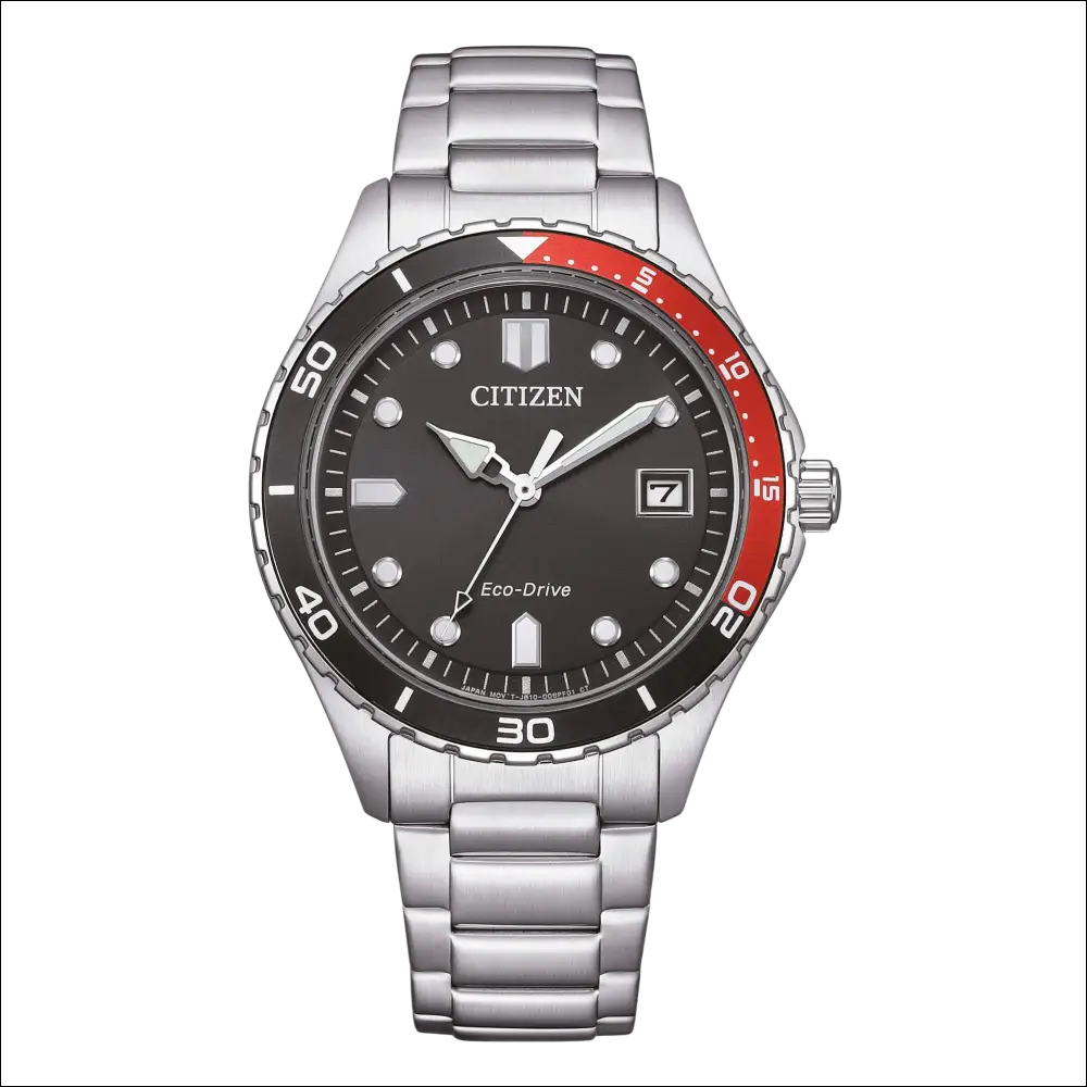 Orologio Citizen Eco-Drive unisex silver con quadrante nero e lunetta rossa