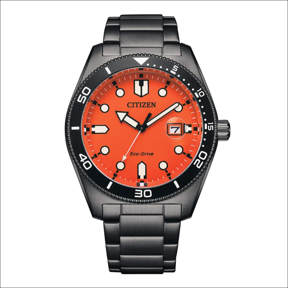 Orologio Citizen Uomo Marine: bracciale nero, quadrante arancione Eco-Drive