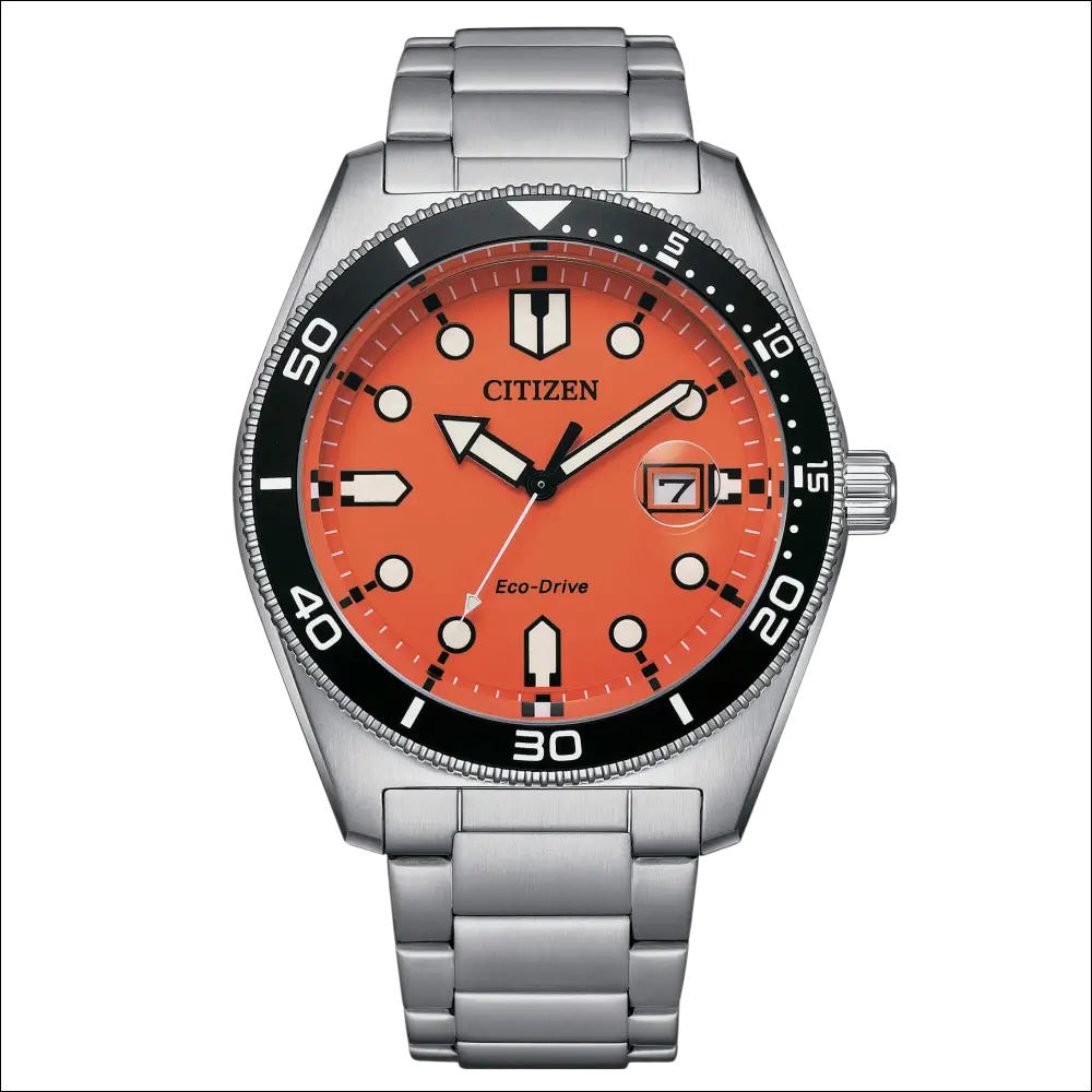 Orologio Citizen Eco-Drive uomo con quadrante arancione e bracciale acciaio
