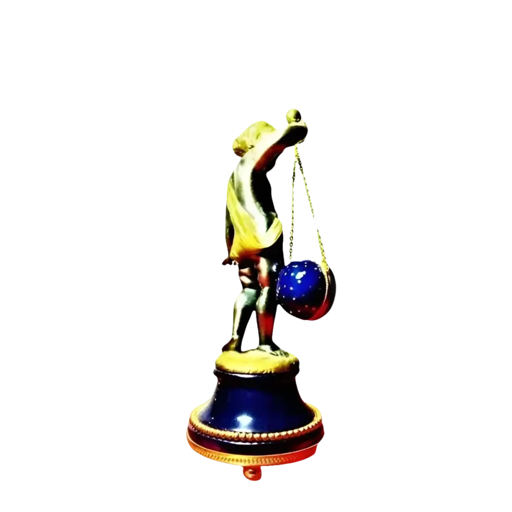 Statuetta dorata di un putto che tiene un globo blu su una catena per Orologio da Tavolo La Vallée Putto 521